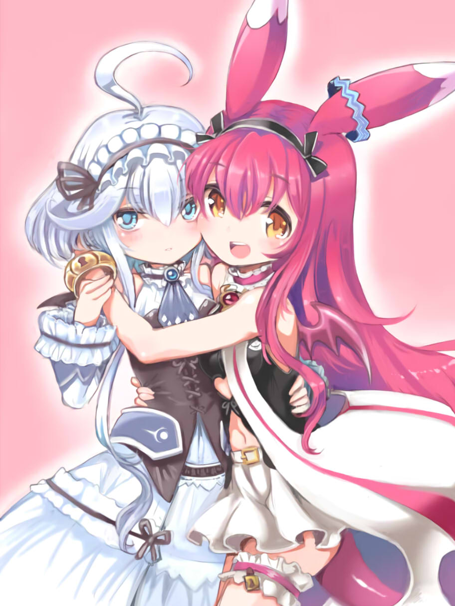 2girls ahoge ajitarou_(setsu) animal_ears black_ribbon black_shirt blue_eyes blue_necktie detached_sleeves dragon_wings dress emil_chronicle_online frilled_dress frilled_hairband frilled_sleeves frills hairband highres hug long_hair looking_at_viewer mecha_musume mitama_aria mitama_nanai multiple_girls necktie open_mouth pink_hair ribbon shirt skirt white_hair white_skirt wings yellow_eyes