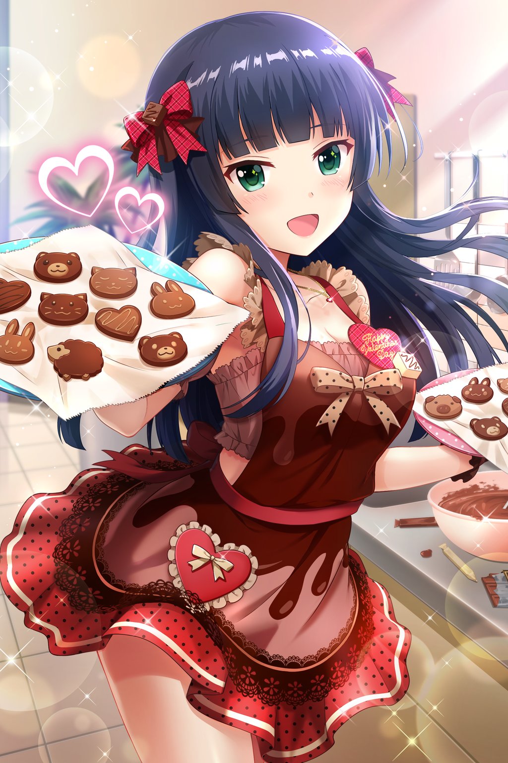 alternative_girls apron baking bangs black_hair blunt_bangs blush bow breasts brown_apron chocolate chocolate_bar chocolate_chip_cookie chocolate_heart cleavage cooking cowboy_shot dress green_eyes hair_bow hair_ornament happy_valentine heart highres holding holding_plate indoors jewelry kitchen ladle long_hair looking_at_viewer mixing_bowl necklace official_art open_mouth plate red_apron red_bow red_dress smile spatula tendou_machi valentine