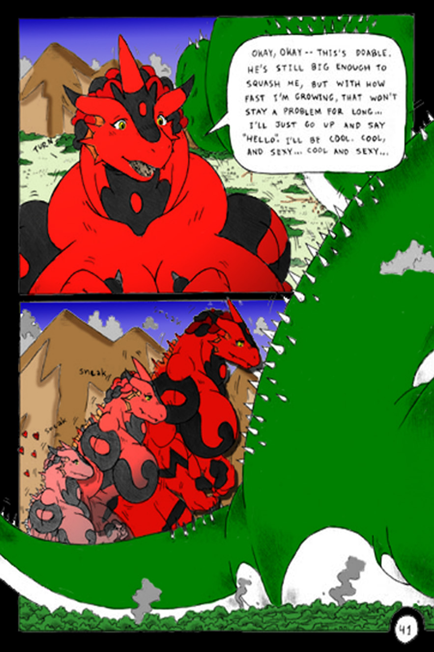 &lt;3 2006 anthro border claws comic dnapalmhead dragon duo english_text female gills green_scales growth macro male muscular muscular_female obese onomatopoeia overweight red_scales redsaber scales scalie size_difference sound_effects speech_bubble text traditional_media_(artwork) yellow_eyes