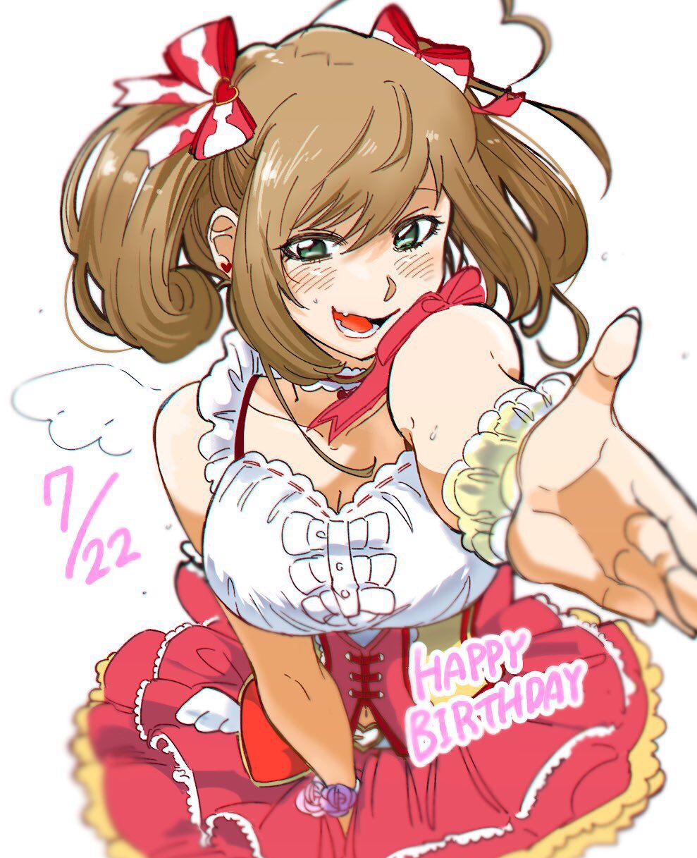 ahoge bangs bare_shoulders between_legs bow breasts brown_hair choker commentary corset cowboy_shot dated drawn_wings dress earrings fingernails frilled_choker frilled_dress frills green_eyes hair_bow hand_between_legs happy_birthday heart heart_ahoge heart_earrings highres hirose-chan_(unko_tabechan) idol idolmaster idolmaster_cinderella_girls idolmaster_cinderella_girls_starlight_stage jewelry large_breasts lower_teeth navel navel_cutout open_mouth open_palm reaching_out satou_shin sleeveless sleeveless_dress solo stud_earrings sweat teeth twintails white_background wrist_cuffs