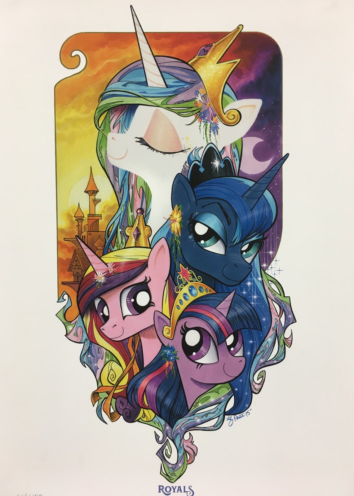 2015 andypriceart blue_hair castle cosmic_hair crown equine eyebrows eyelashes eyes_closed eyeshadow female feral flower flower_in_hair friendship_is_magic group hair headshot_portrait hi_res horn makeup mammal mascara moon multicolored_hair my_little_pony plant portrait princess_cadance_(mlp) princess_celestia_(mlp) princess_luna_(mlp) purple_eyes rainbow_hair royalty sibling signature simple_background sisters smile sparkles star sun teal_eyes text tiara traditional_media_(artwork) twilight_sparkle_(mlp) watercolor_(artwork) white_background