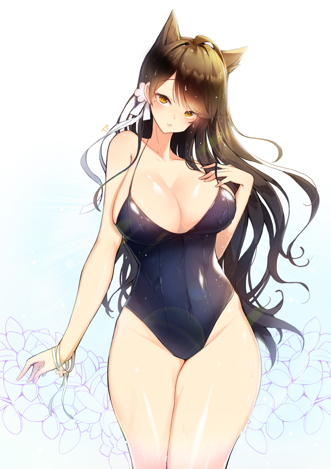 animal_ears atago_(azur_lane) azur_lane bangs black_hair blush bow bracelet breasts commentary_request covered_navel extra_ears eyebrows_visible_through_hair jewelry large_breasts long_hair looking_at_viewer mole mole_under_eye one-piece_swimsuit ribbon solo swept_bangs swimsuit tp_(kido_94) white_bow white_ribbon