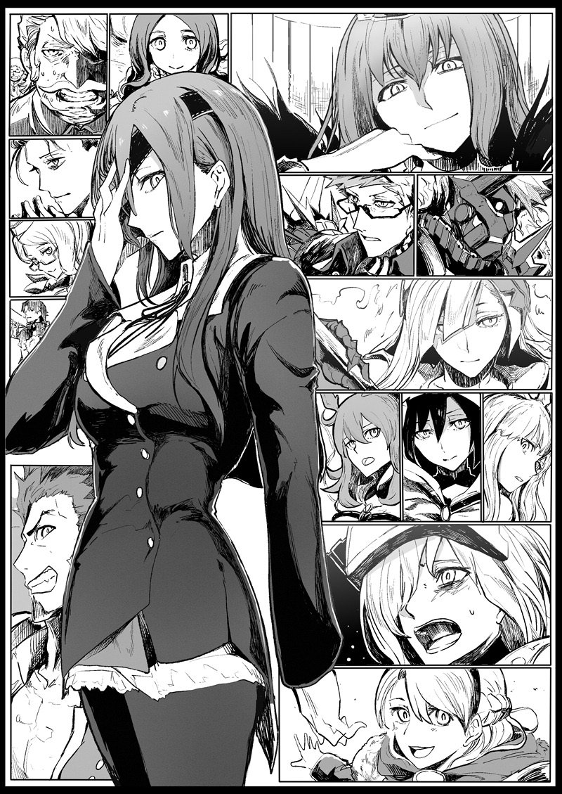 6+girls armor bangs blunt_bangs blush breasts brynhildr_(fate) buttons chin_rest clenched_teeth closed_mouth collarbone collared_shirt commentary dual_persona eyepatch facial_hair fate/grand_order fate/prototype fate/prototype:_fragments_of_blue_and_silver fate_(series) fur_trim gerda_(fate) glasses glowing glowing_eye goldorf_musik greyscale grin hair_ornament hair_over_one_eye hairband half-closed_eyes hildr_(fate/grand_order) hood hoodie jacket jeancle_abel_meuniere kotomine_kirei koyanskaya leonardo_da_vinci_(fate/grand_order) long_hair long_sleeves looking_at_viewer mash_kyrielight mask monochrome multiple_boys multiple_girls mustache napoleon_bonaparte_(fate/grand_order) neck_ribbon oni_mask open_mouth ophelia_phamrsolone ortlinde_(fate/grand_order) pantyhose parted_bangs ribbon scathach_(fate)_(all) scathach_skadi_(fate/grand_order) shaded_face sherlock_holmes_(fate/grand_order) shirt short_hair sigurd_(fate/grand_order) smile smoke sweat syatey teeth thrud_(fate/grand_order) valkyrie_(fate/grand_order) visor