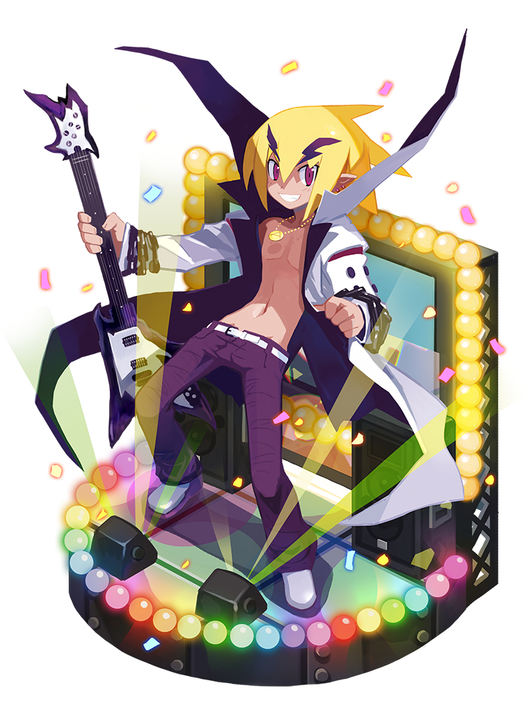 akutare_(disgaea) bare_chest blonde_hair disgaea faux_figurine full_body grin guitar harada_takehito holding holding_instrument instrument jewelry looking_at_viewer makai_senki_disgaea_2 makai_wars male_focus necklace official_art pants pointy_ears popped_collar purple_eyes purple_pants rainbow_order shoes smile solo standing white_coat
