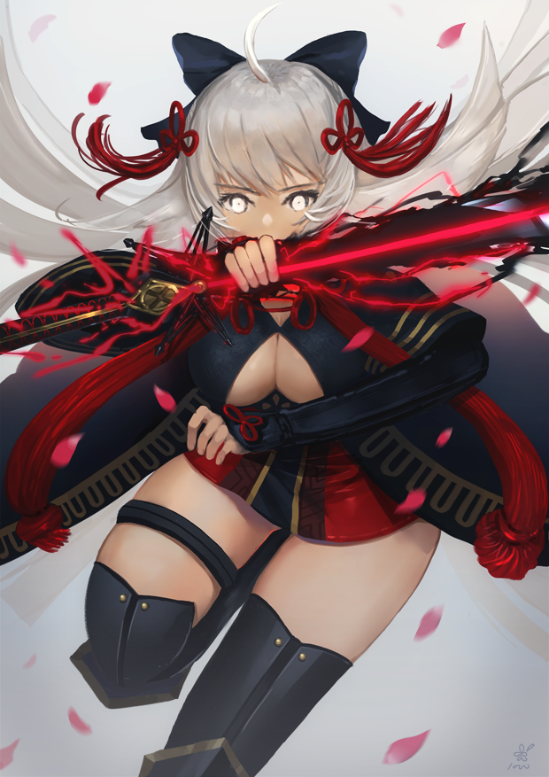 61um ahoge arm_guards bangs black_bow black_coat bow breasts cherry_blossoms cleavage_cutout commentary_request dark_skin eyebrows_visible_through_hair fate/grand_order fate_(series) grey_background hair_between_eyes hair_bow high_collar holding holding_sword holding_weapon large_breasts long_hair magic_lightning okita_souji_(alter)_(fate) okita_souji_(fate)_(all) running solo sword tassel thigh_strap tied_hair weapon white_eyes white_hair