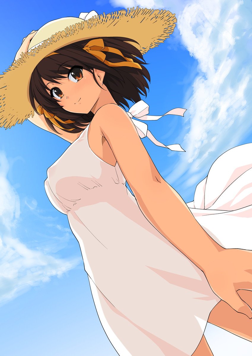 brown_hair cloud covered_nipples cowboy_shot day dress hair_ribbon haruhisky hat highres ribbon see-through_silhouette sky sleeveless sleeveless_dress smile straw_hat sun_hat sundress suzumiya_haruhi suzumiya_haruhi_no_yuuutsu white_dress