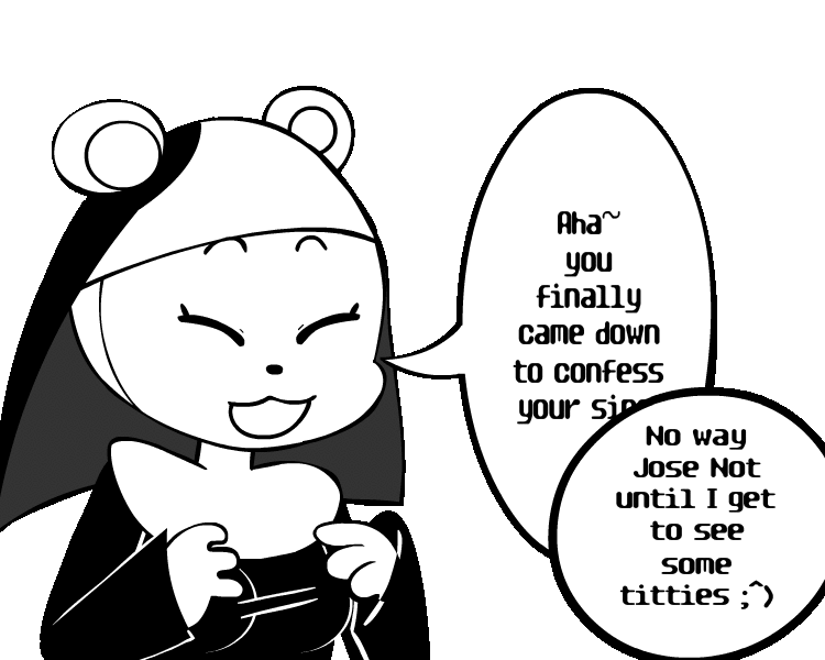2018 alpha_channel animated anthro bear bouncing_breasts boxf breasts dialogue digital_media_(artwork) english_text eyes_closed female mammal monochrome nun nun_(itsunknownanon) smile solo standing text