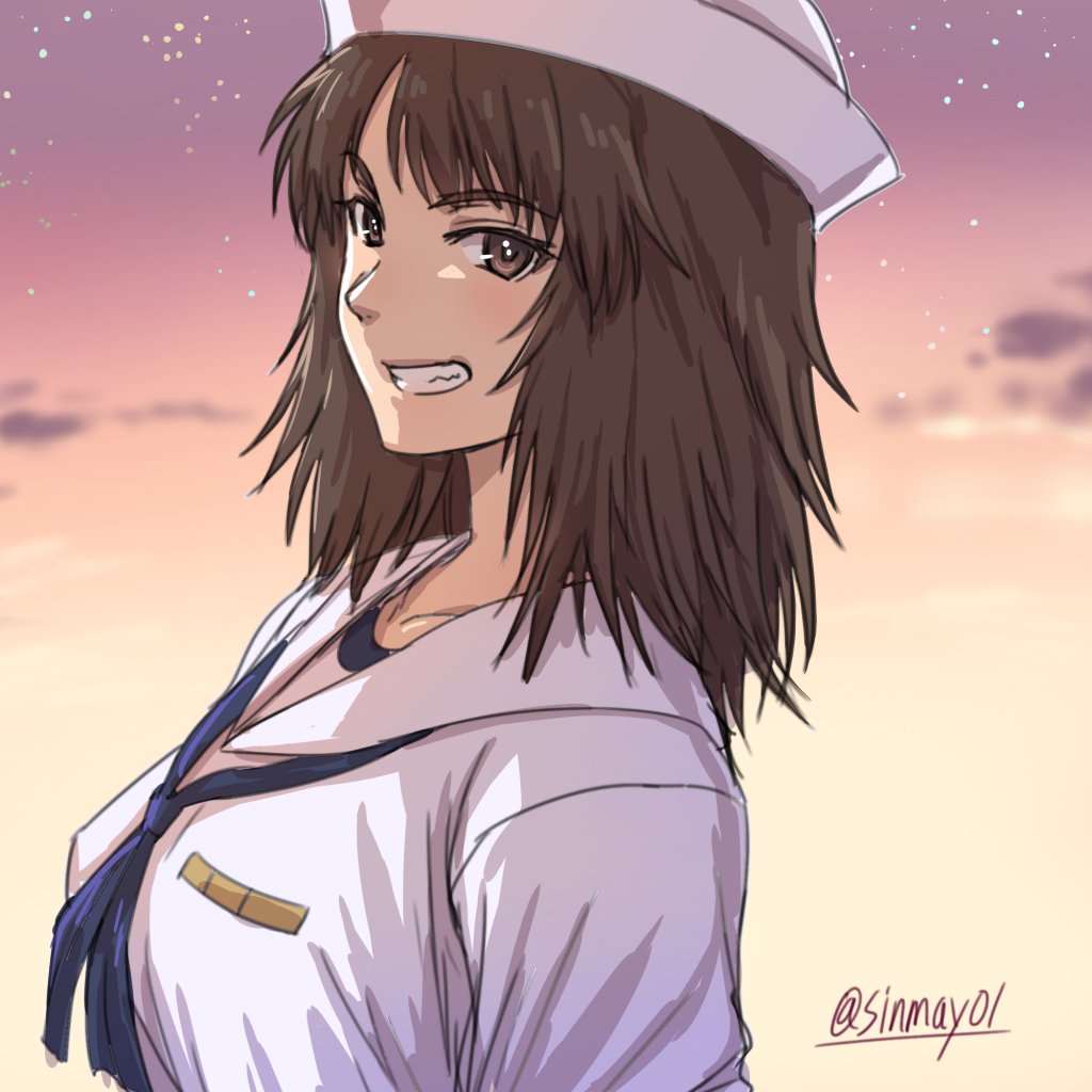 bangs black_eyes black_hair blouse cloud cloudy_sky commentary dixie_cup_hat eyebrows_visible_through_hair from_side girls_und_panzer grin hat long_hair long_sleeves looking_at_viewer military_hat murakami_(girls_und_panzer) navy_blue_neckwear ooarai_naval_school_uniform sailor sailor_collar school_uniform shinmai_(kyata) sky smile solo standing star_(sky) starry_sky twilight twitter_username white_blouse white_hat