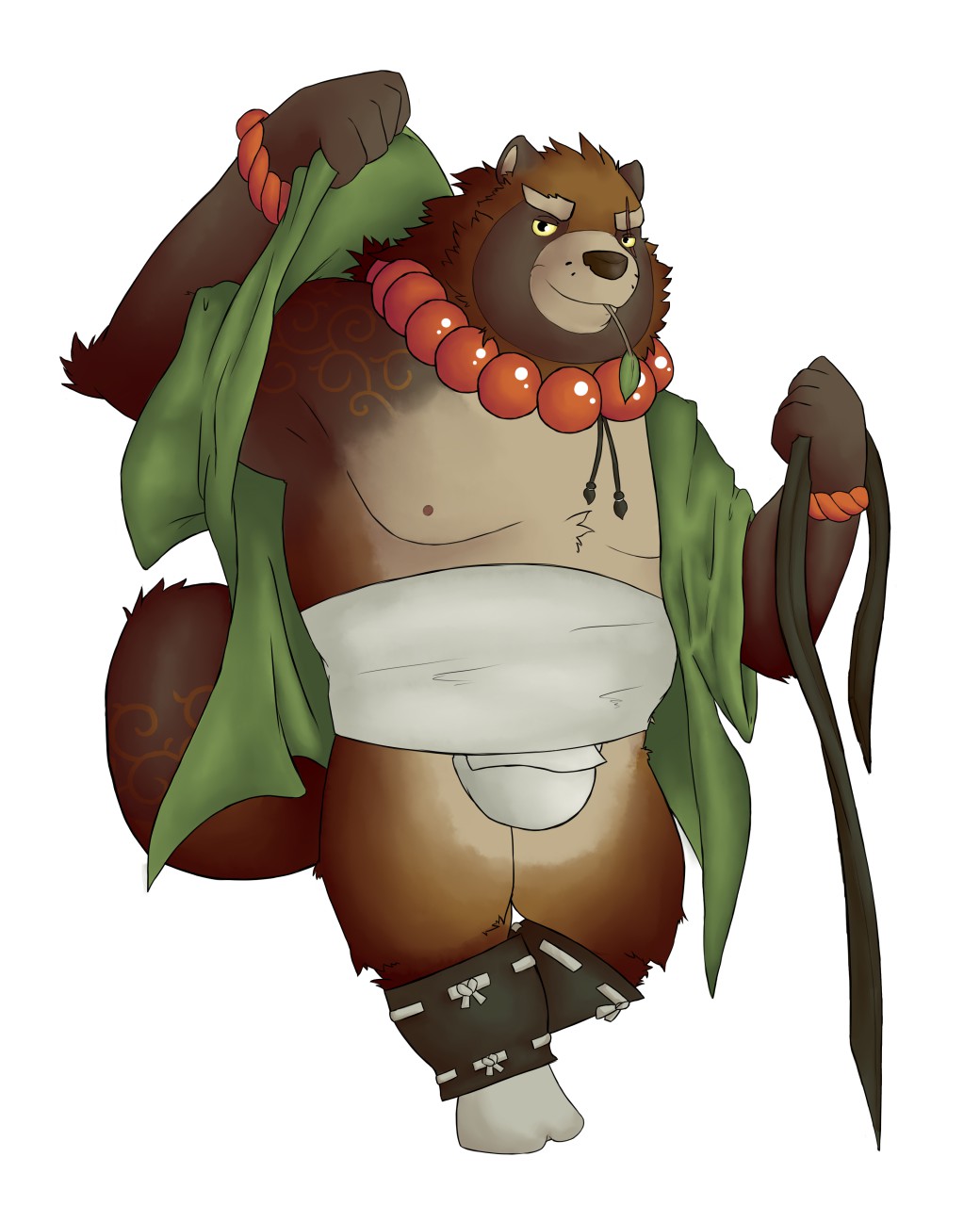 2018 anthro belly brown_fur canine clothing fundoshi fur gyobu japanese_clothing leaf male mammal moobs nipples overweight overweight_male scar simple_background solo tanuki tokyo_afterschool_summoners underwear white_background