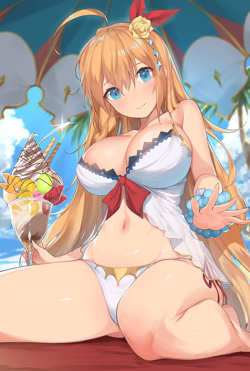 ahoge babydoll bare_legs bare_shoulders beach beach_towel beach_umbrella bikini blonde_hair blue_eyes blue_sky blurry blush breasts cleavage collarbone commentary_request day depth_of_field eyebrows_visible_through_hair flower food from_below hair_between_eyes hair_flower hair_ornament highres ice_cream large_breasts long_hair looking_at_viewer navel outdoors palm_tree pecorine princess_connect! princess_connect!_re:dive ribbon rose sand sitting sky smile solo sundae swimsuit thighs tiara towel tree umbrella very_long_hair wariza water white_bikini yaman yellow_flower yellow_rose