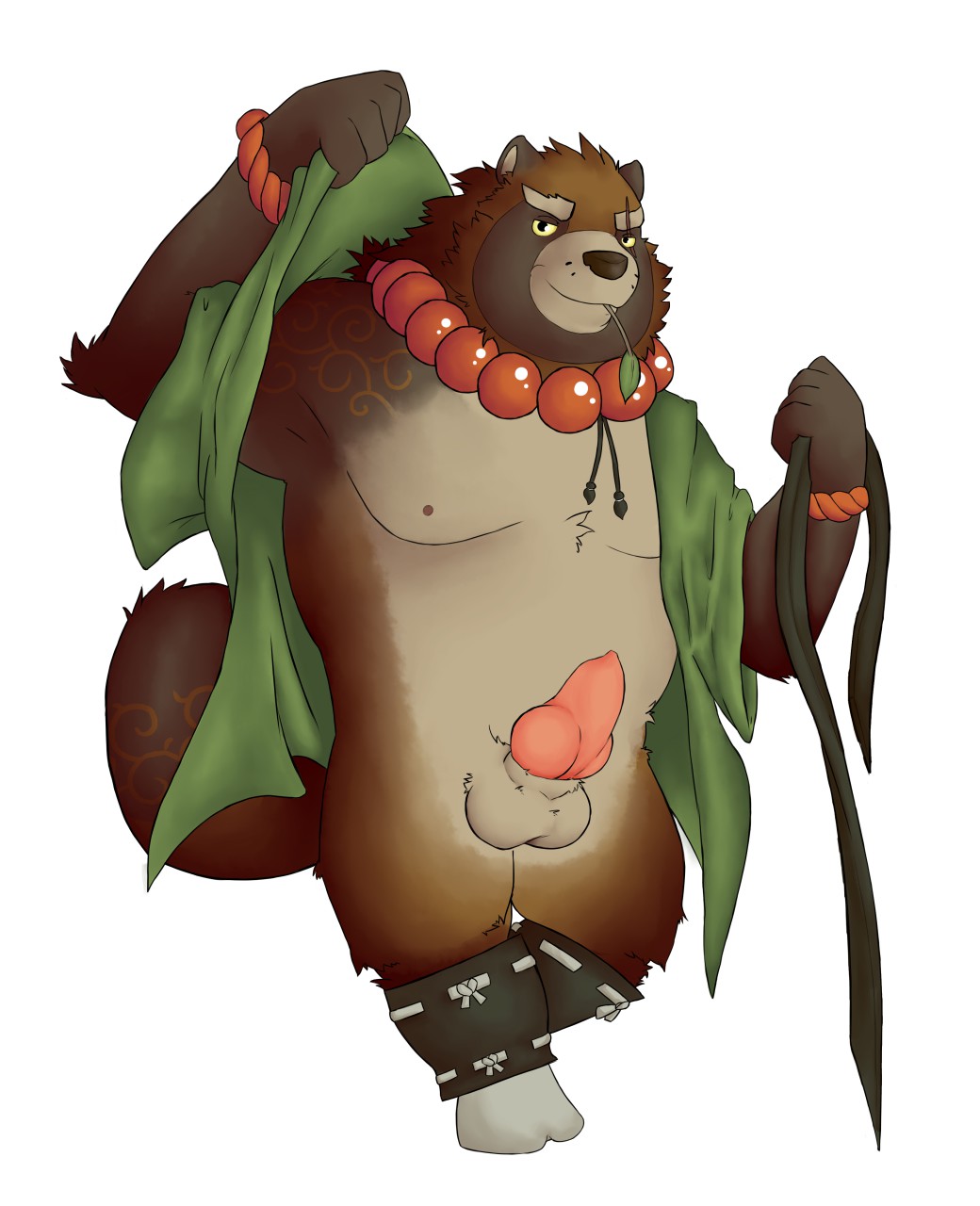 2018 anthro balls brown_fur canine fur gyobu leaf male mammal moobs nipples overweight overweight_male penis scar simple_background solo tanuki tokyo_afterschool_summoners white_background
