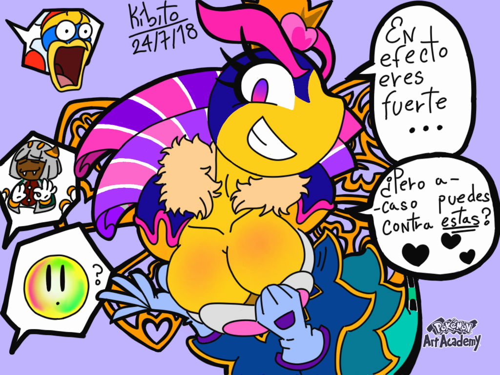 arachnid arthopod arthropod avian bee bird breasts cleavage clothed clothing eyelashes feather_boa female floating_hands insect k&iacute;bito_&aacute;yame king_dedede kirby kirby_(series) nintendo open_mouth open_smile penguin queen_sectonia simple_background smile spanish_text spider taranza text video_games waddling_head