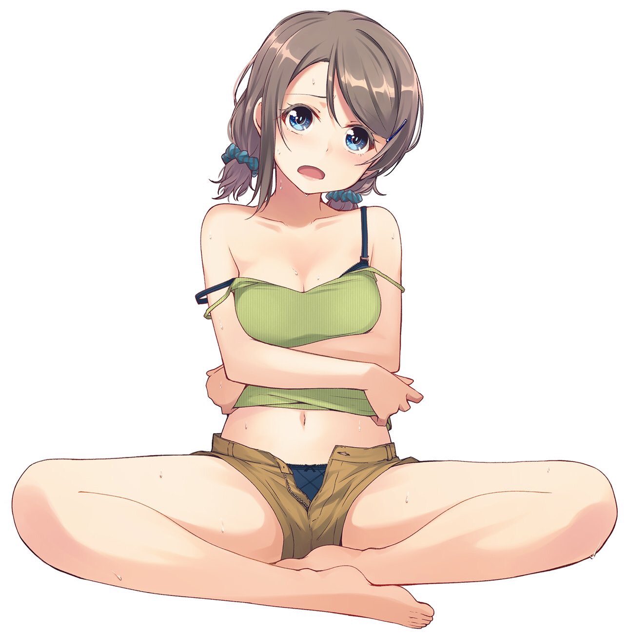 arms_under_breasts bangs bare_legs barefoot blue_bra blue_eyes blue_panties bra breast_hold breasts bright_pupils brown_hair camisole cleavage commentary_request crop_top crossed_arms full_body hair_ornament hair_scrunchie hairclip highres indian_style love_live! love_live!_sunshine!! low_twintails medium_breasts midriff nanotsuki navel open_mouth open_pants panties scrunchie short_shorts short_twintails shorts simple_background single_sidelock sitting solo strap_slip sweat swept_bangs twintails underwear watanabe_you white_background
