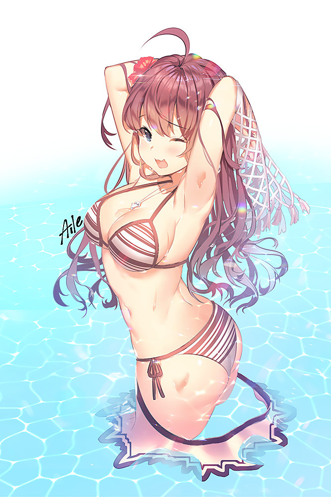 ;d ahoge aile_(crossroads) armpits arms_up ass bangs bikini bikini_skirt blue_eyes blush breasts brown_hair cleavage day flower hair_flower hair_ornament hibiscus ichinose_shiki idolmaster idolmaster_cinderella_girls jewelry large_breasts long_hair looking_at_viewer necklace ocean one_eye_closed open_mouth outdoors red_flower side-tie_bikini skirt skirt_pull smile solo striped striped_bikini swimsuit wading water wavy_hair