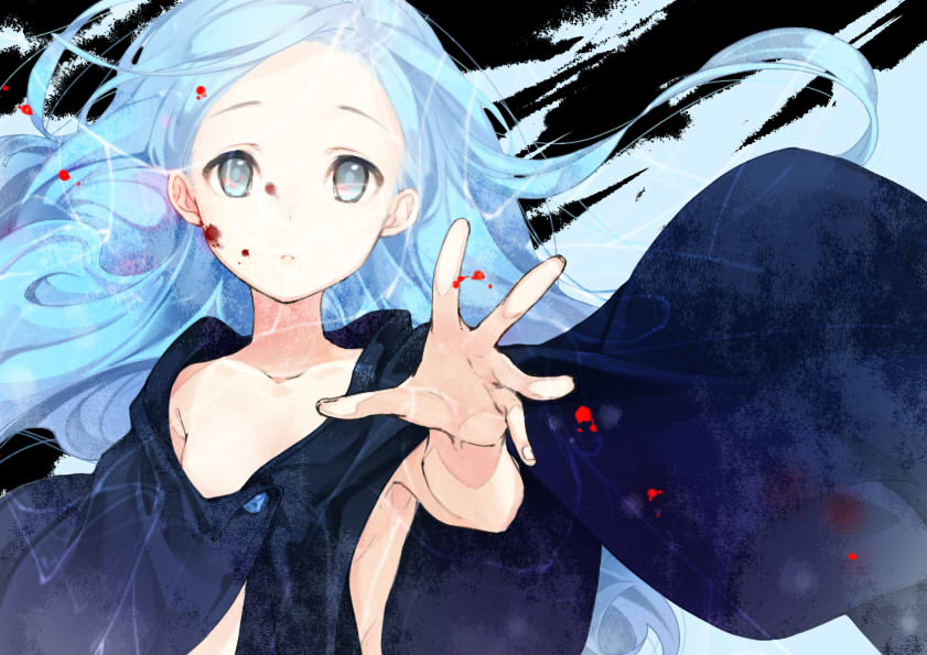 blood blood_on_face blue_eyes blue_hair cape commentary_request fingernails flat_chest kunagisa_tomo kuusou_ryodan long_hair looking_at_viewer outstretched_arm parted_lips reaching_out solo upper_body wind zaregoto_series