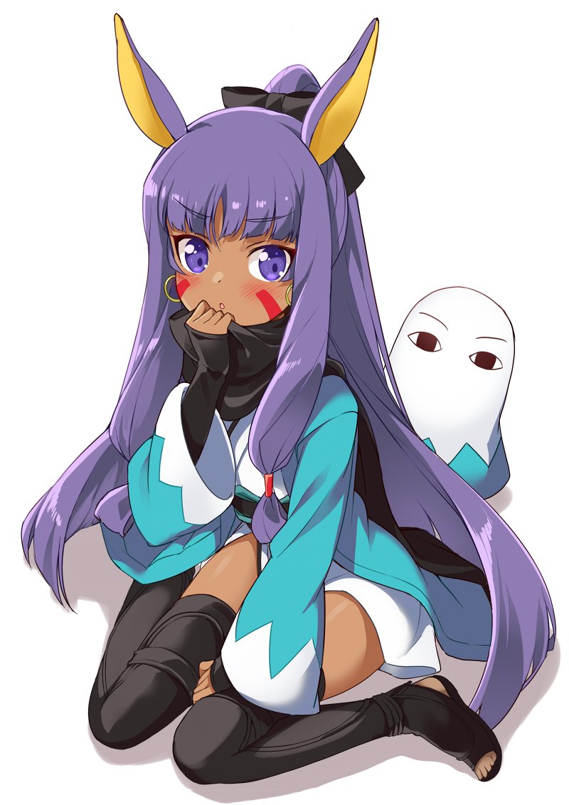 animal_ears bangs black_bow black_legwear black_scarf blue_kimono blunt_bangs blush bow commentary_request cosplay dark_skin earrings egyptian eyebrows_visible_through_hair facepaint facial_mark fate/grand_order fate_(series) hair_bow hoop_earrings jackal_ears japanese_clothes jewelry kimono long_hair long_sleeves looking_at_viewer medjed mitsuki_meiya nitocris_(fate/grand_order) nitocris_(swimsuit_assassin)_(fate) okita_souji_(fate) okita_souji_(fate)_(all) okita_souji_(fate)_(cosplay) ponytail purple_eyes purple_hair scarf sidelocks simple_background sitting very_long_hair wariza white_background wide_sleeves