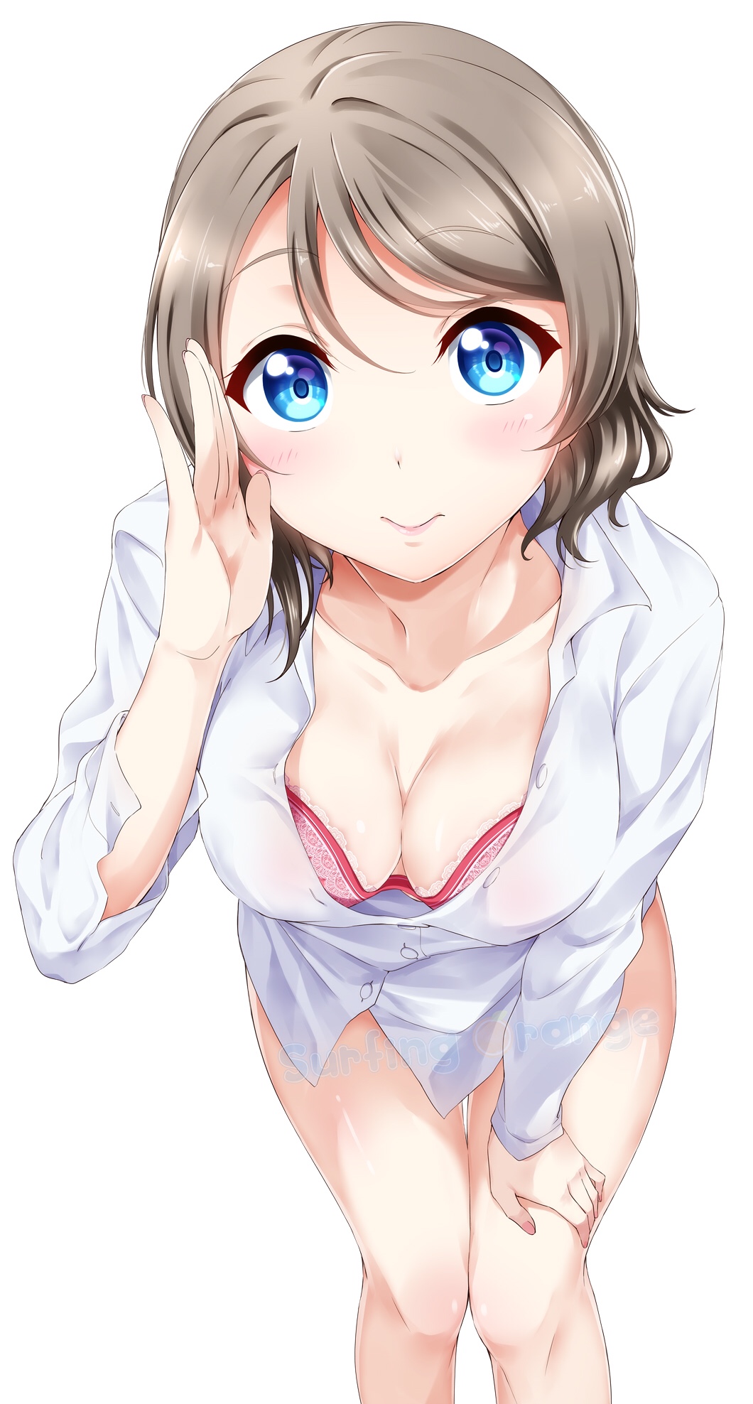 artist_name blue_eyes bra breasts cleavage commentary eyebrows_visible_through_hair grey_hair highres large_breasts long_sleeves looking_at_viewer love_live! love_live!_sunshine!! no_pants partially_unbuttoned red_bra salute shirt short_hair solo surfing_orange underwear watanabe_you watermark white_shirt