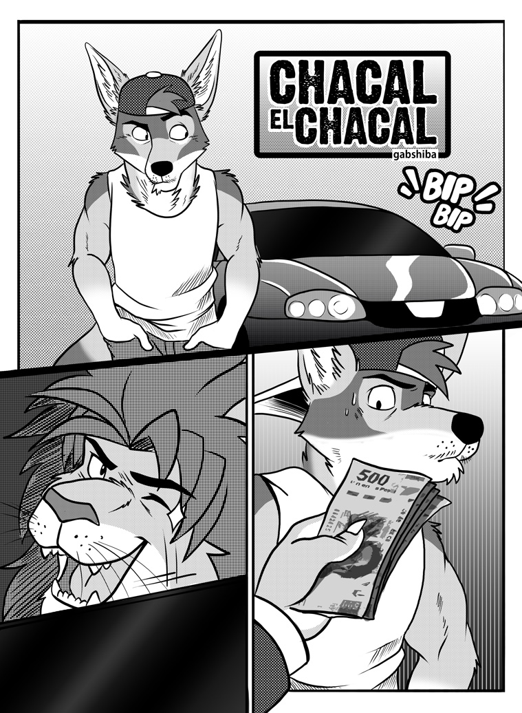 2017 anthro anthro_on_anthro backwards_baseball_cap baseball_cap canine car chacal_(character) clothed clothing comic duo facial_hair feline gabshiba greyscale hands_in_pockets hat jackal lion male male/male mammal money monochrome mustache open_mouth pants shirt sound_effects spanish_text sweat tank_top text vehicle whiskers