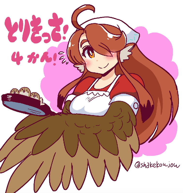 ahoge apron blush brown_hair closed_mouth copyright_name flying_sweatdrops frying_pan hair_over_one_eye harpy head_scarf holding looking_at_viewer monster_girl red_shirt rin_(torikissa!) shake-o shirt short_sleeves smile solo_focus the_regulars_(torikissa!) torikissa! twitter_username upper_body white_apron wings