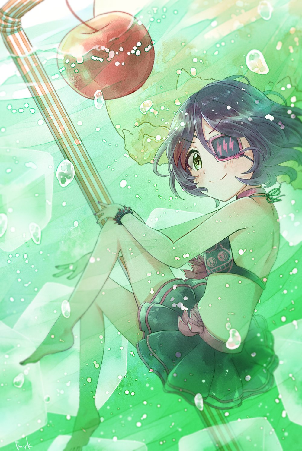 bare_arms bare_legs bare_shoulders barefoot bikini_skirt bikini_top black_bikini_top black_skirt black_swimsuit bow bracelet cherry choker commentary cup drinking_straw eyebrows_visible_through_hair eyepatch food fruit full_body green_eyes hair_between_eyes halter_top halterneck hayasaka_mirei highres ice ice_cream ice_cream_float ice_cube idolmaster idolmaster_cinderella_girls in_container in_cup jewelry knee_up looking_at_viewer medium_hair melon_soda minigirl myk_(my_myk) nail_polish oversized_food pink_nails purple_hair skirt smile soda soft_drink spiked_bracelet spikes swimsuit toenail_polish underwater