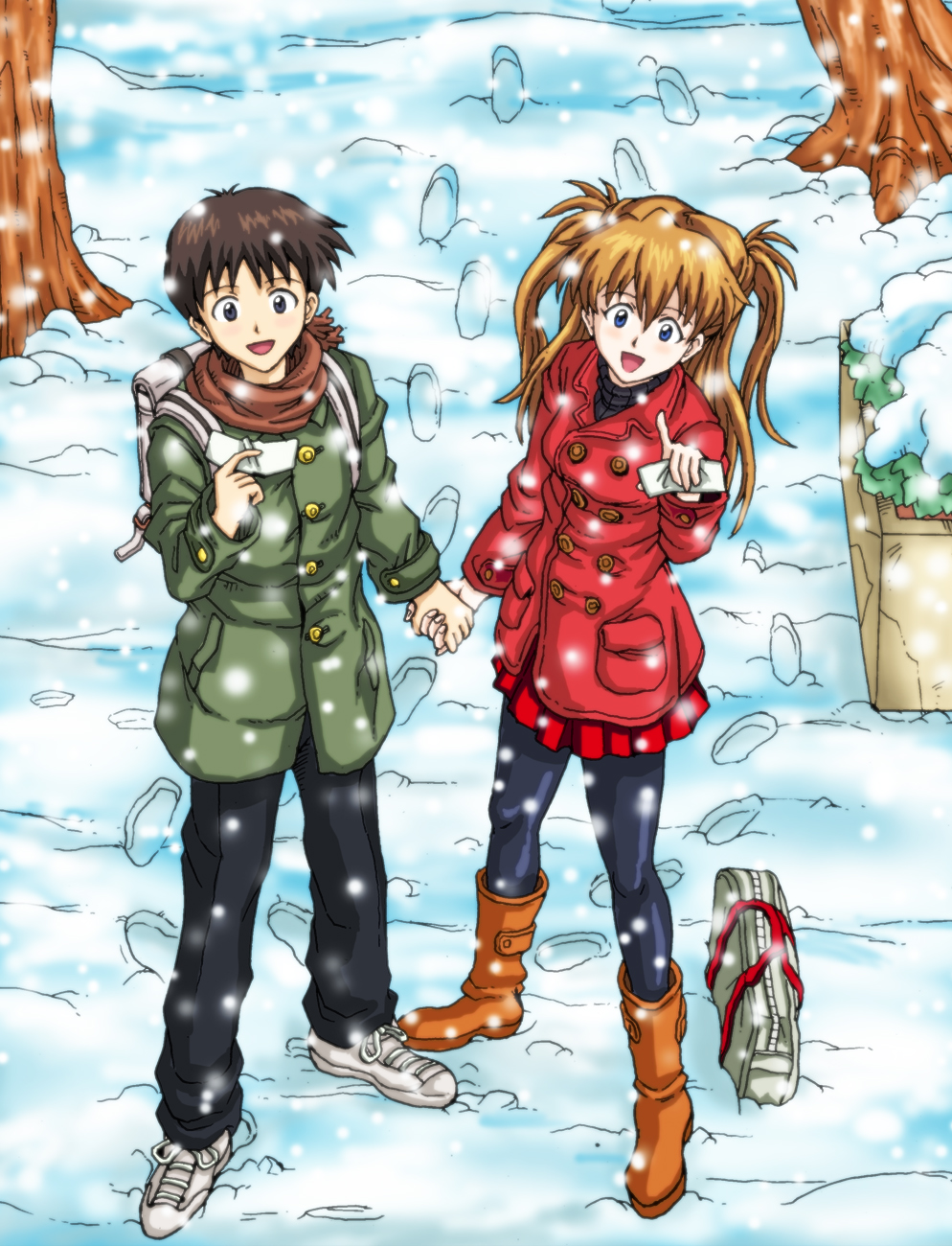 1girl :d amai_yadoraki backpack bag black_pants black_sweater blue_eyes blue_legwear boots brown_footwear brown_hair brown_scarf coat couple from_below full_body green_coat hand_holding happy highres holding ikari_shinji index_finger_raised long_hair long_sleeves looking_at_viewer miniskirt neon_genesis_evangelion open_mouth outdoors pants pantyhose pleated_skirt red_coat red_skirt scarf shoes skirt smile sneakers snow snowing soryu_asuka_langley standing sweater twintails white_footwear winter_clothes winter_coat