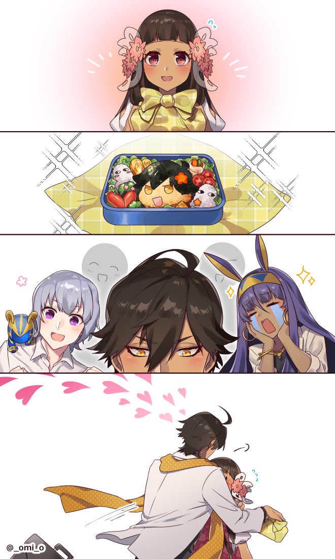 2girls 4koma ahoge animal_ears bangs black_hair bracelet brown_eyes brown_hair cape comic commentary_request crying dark_skin dark_skinned_male earrings egyptian_clothes facial_mark fate/grand_order fate/prototype fate/prototype:_fragments_of_blue_and_silver fate_(series) flower hair_flower hair_ornament hairband jackal_ears jewelry long_hair moses_(fate/prototype_fragments) multiple_boys multiple_girls necklace nefertari_(fate/prototype_fragments) nitocris_(fate/grand_order) obentou omi_(tyx77pb_r2) open_mouth ozymandias_(fate) purple_eyes purple_hair silent_comic smile twitter_username yellow_eyes