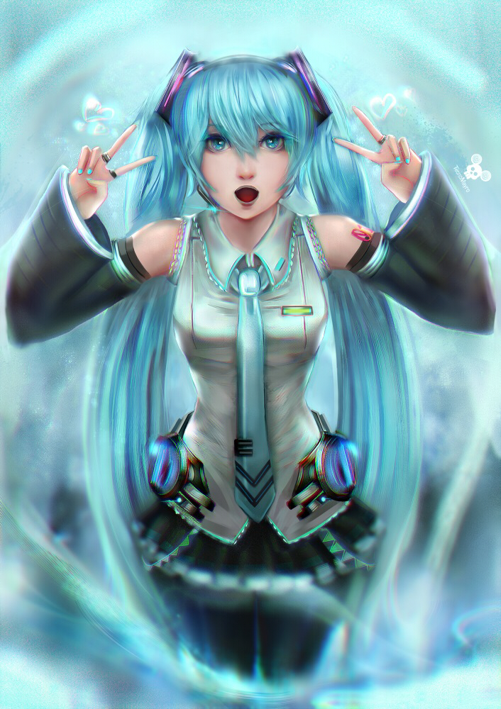 alternate_legwear aqua_eyes aqua_hair aqua_neckwear arms_up artist_logo artist_name bangs bare_shoulders black_legwear black_skirt black_sleeves breasts chromatic_aberration collared_shirt commentary detached_sleeves double_v english_commentary engrish_commentary hair_between_eyes hatsune_miku heart long_hair long_sleeves looking_at_viewer medium_breasts miniskirt multiple_sources nail_polish necktie open_mouth pantyhose pleated_skirt realistic shirt skirt solo spanish_commentary standing tecnomayro tie_clip twintails v very_long_hair vocaloid wing_collar