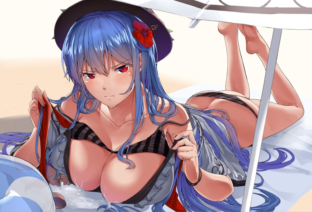 ass bare_legs bare_shoulders barefoot bikini black_bikini black_hat blue_hair blush breasts collarbone eyebrows_visible_through_hair feet_up flower food fruit gradient gradient_background hair_between_eyes hair_flower hair_ornament hands_up hat hinanawi_tenshi huge_breasts innertube leaf long_hair looking_at_viewer lotion lying neropaso off_shoulder on_stomach peach red_eyes red_flower red_ribbon ribbon sand sexually_suggestive shadow shirt solo strap_slip striped sunscreen swimsuit the_pose thighs touhou umbrella vertical-striped_bikini vertical_stripes white_background white_shirt white_umbrella