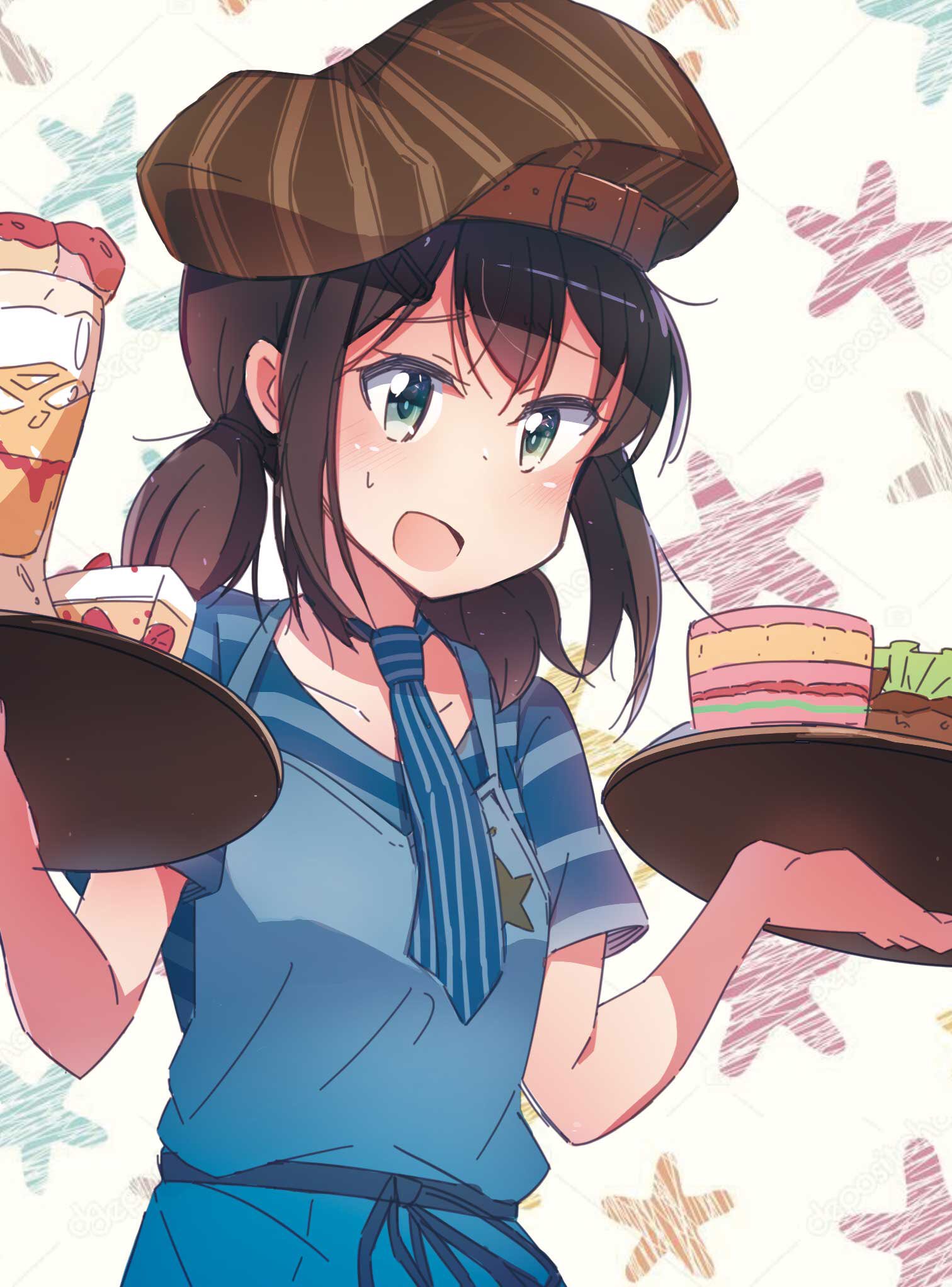 :d apron bang_dream! bangs black_hair blue_apron blue_eyes blue_neckwear blue_shirt brown_hat cake collarbone commentary_request food hair_ornament hairclip hat hat_belt highres holding holding_tray ice_cream necktie okusawa_misaki open_mouth riiho_(drax4szn) shirt short_hair short_sleeves sidelocks slice_of_cake smile solo star starry_background striped striped_hat striped_neckwear sundae tray twintails upper_body waitress