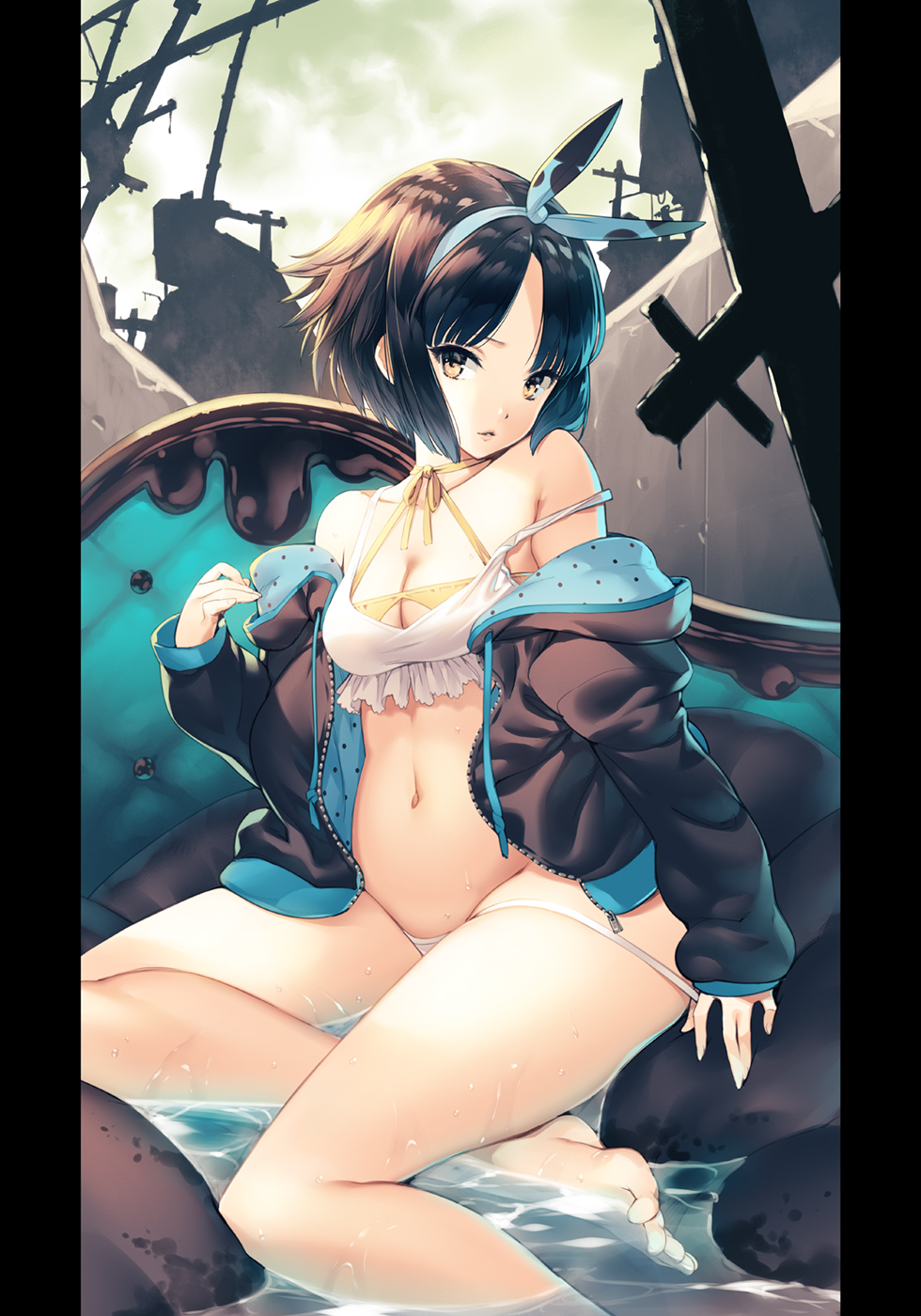 bad_anatomy bare_legs barefoot bikini bikini_pull black_hair black_jacket blue_hairband bob_cut breasts cleavage groin hairband halter_top halterneck highres hirano_katsuyuki jacket long_sleeves looking_at_viewer medium_breasts navel open_clothes open_jacket original parted_lips pulled_by_self short_hair sitting solo stomach swimsuit thighs water white_bikini yellow_eyes zipper zipper_pull_tab