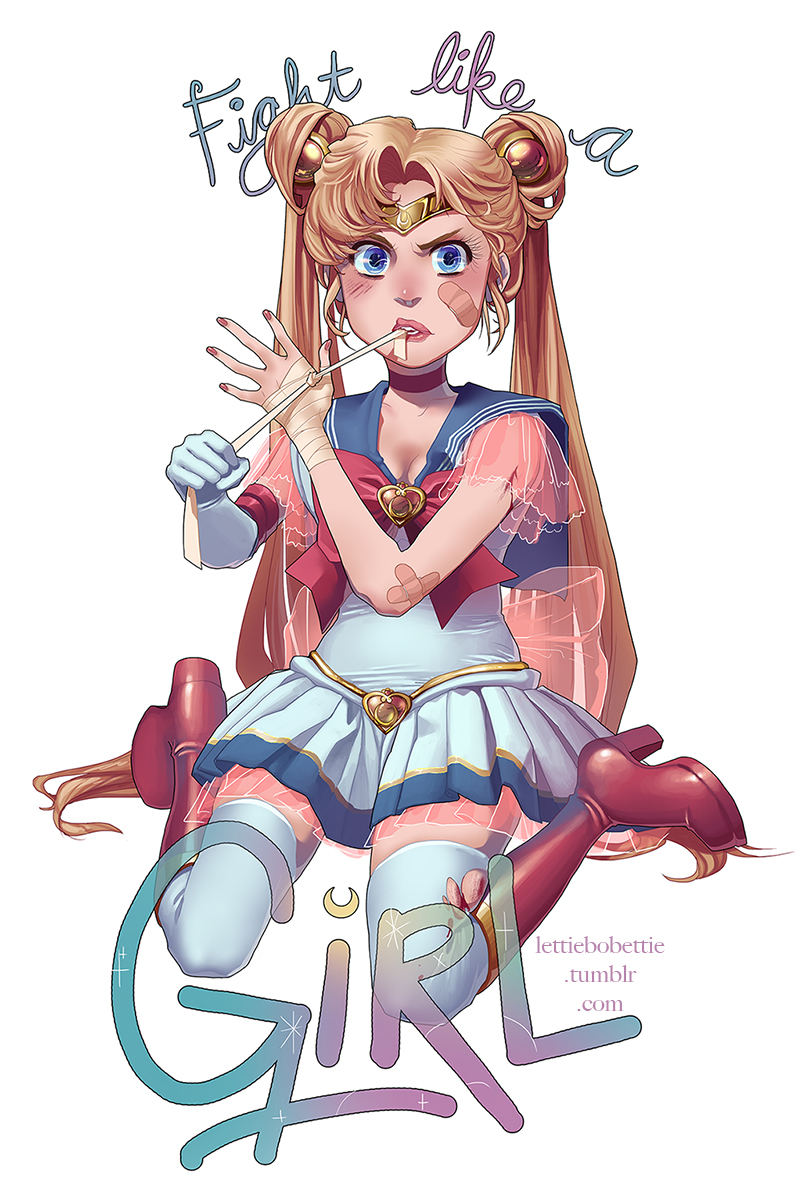 angry arms_up artist_name back_bow bandages bandaid bandaid_on_arm bandaid_on_face battle_damage bishoujo_senshi_sailor_moon biting blonde_hair blue_eyes blue_sailor_collar blush boots bow bowtie breasts choker circlet cleavage clenched_hand colette_(lettiebobettie) commentary crescent double_bun dress elbow_gloves english english_commentary eyelashes eyes fingernails full_body gloves gold gold_trim hand_wraps heart high_heels highres holding injury large_bow layered_dress lips lipstick long_hair looking_at_viewer makeup medium_breasts nail_polish parted_lips pastel_colors pink_bow pleated_dress red_bow red_choker red_footwear red_nails sailor_collar sailor_dress sailor_moon sailor_senshi_uniform see-through see-through_silhouette see-through_sleeves simple_background single_glove sitting super_sailor_moon teeth text_focus thighhighs transparent transparent_bow transparent_skirt tsukino_usagi tumblr_username twintails tying_hair v-shaped_eyebrows very_long_hair wariza watermark web_address white_background white_dress white_legwear zettai_ryouiki