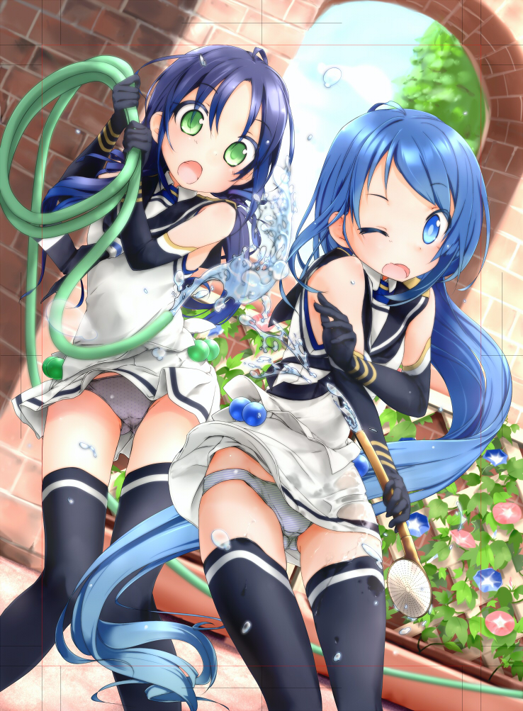 ayuya_naka_no_hito black_gloves black_legwear blue_eyes blue_hair blue_sky blush commentary_request day dutch_angle elbow_gloves eyebrows_visible_through_hair flower gloves green_eyes hair_between_eyes hose kantai_collection long_hair looking_at_another looking_at_viewer low_twintails multiple_girls one_eye_closed open_mouth outdoors panties ponytail purple_hair sailor_collar samidare_(kantai_collection) school_uniform serafuku shirt single_horizontal_stripe skirt skirt_lift sky sleeveless sleeveless_shirt suzukaze_(kantai_collection) thighs tree trim_marks triple_horizontal_stripe twintails underwear very_long_hair water wet wet_clothes