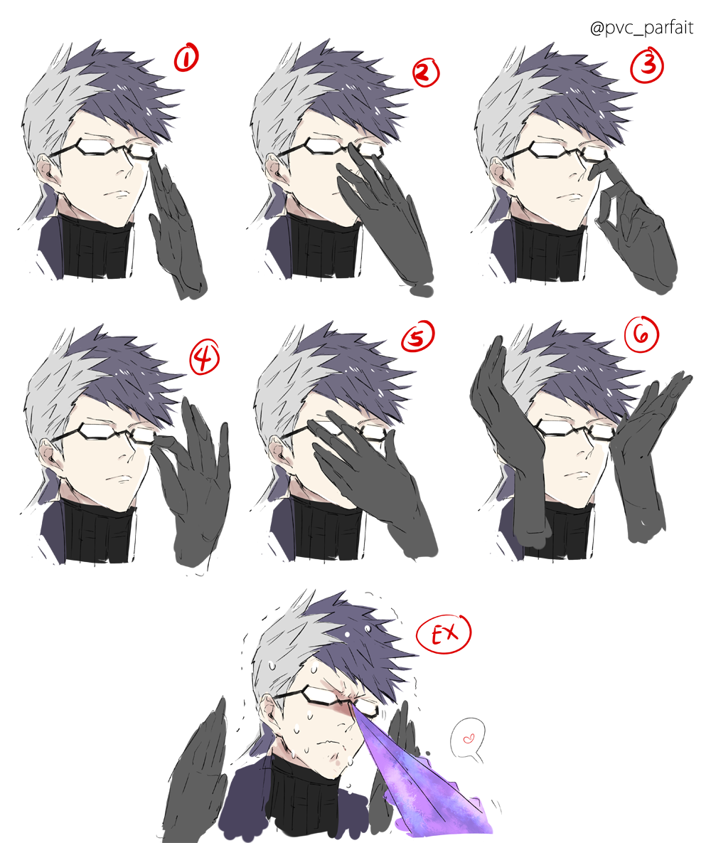 adjusting_eyewear black_gloves black_hair closed_mouth fate/grand_order fate_(series) glasses gloves heart male_focus multicolored_hair multiple_views opaque_glasses pvc_parfait sigurd_(fate/grand_order) spoken_heart sweat sweating_profusely trembling twitter_username two-tone_hair white_hair