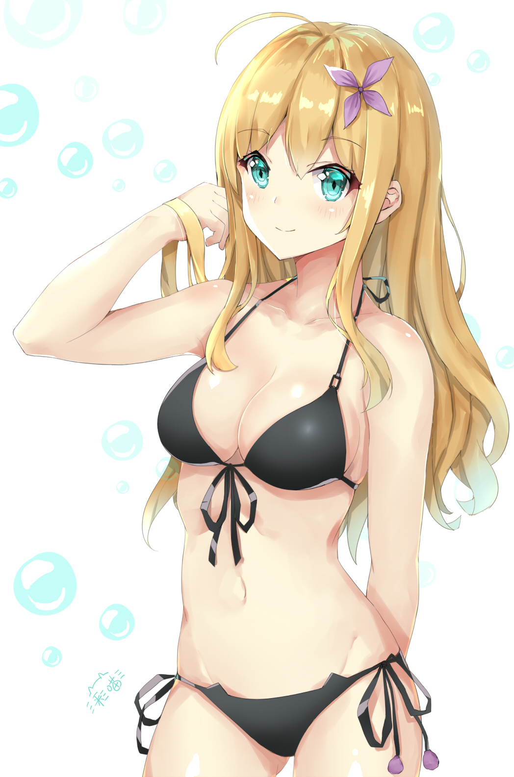 ahoge ass_visible_through_thighs bangs bare_arms bare_shoulders bikini black_bikini blonde_hair blush breasts bubble cat_ear_bikini cleavage closed_mouth collarbone commentary_request cowboy_shot eyebrows_visible_through_hair flower front-tie_bikini front-tie_top green_eyes groin hair_between_eyes hair_flower hair_ornament halter_top halterneck hand_up highres hood_(zhan_jian_shao_nyu) long_hair medium_breasts navel no_eyewear purple_flower side-tie_bikini signature smile solo swimsuit very_long_hair white_background zhan_jian_shao_nyu zhudacaimiao