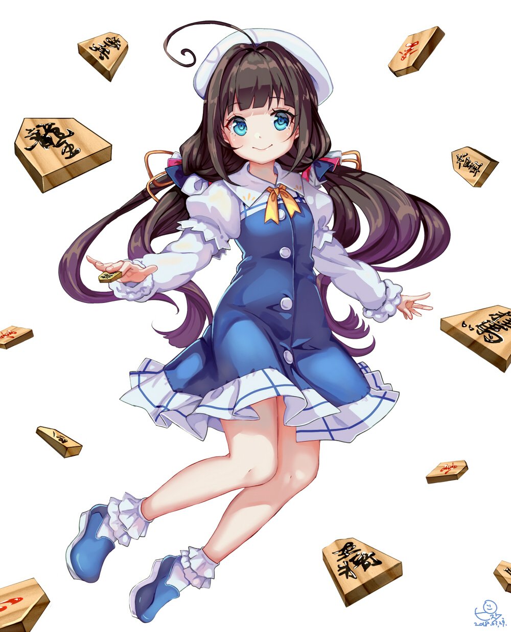 ahoge bangs blue_dress blue_eyes blue_footwear blush board_game bobby_socks brown_hair buttons closed_mouth commentary_request dress full_body hat highres hinatsuru_ai holding long_hair long_sleeves looking_at_viewer low_twintails outstretched_arms pisuke puffy_short_sleeves puffy_sleeves ryuuou_no_oshigoto! school_uniform shoes short_over_long_sleeves short_sleeves shougi smile socks solo translation_request twintails very_long_hair white_background white_hat white_legwear