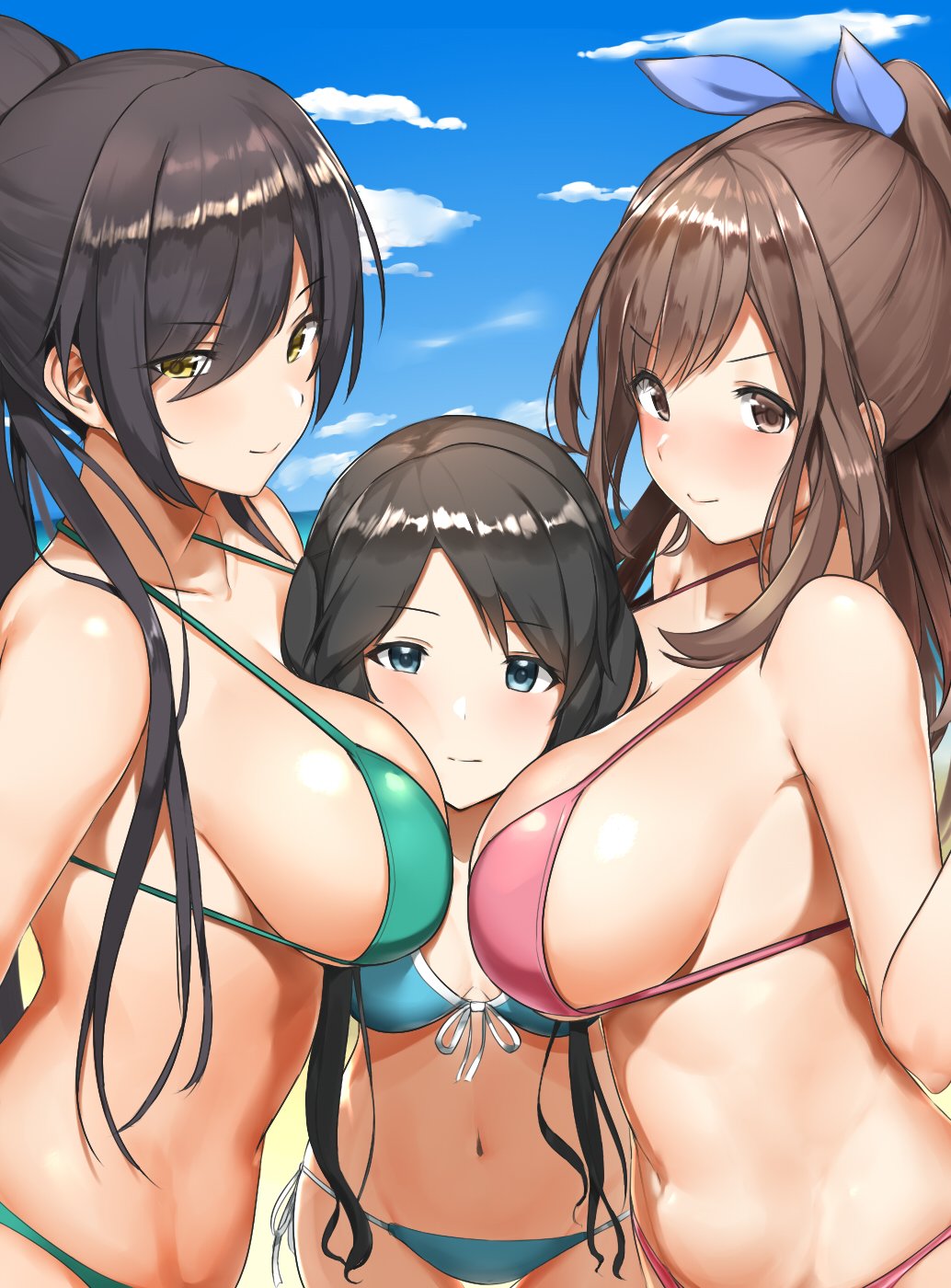 aqua_bikini bangs bare_shoulders between_breasts bikini black_hair blue_bow blue_eyes blue_sky blush bow breasts brown_eyes brown_hair cleavage closed_mouth collarbone commentary_request day girl_sandwich green_bikini hair_between_eyes hair_bow high_ponytail highres hips idolmaster idolmaster_shiny_colors large_breasts long_hair looking_at_viewer medium_breasts mitsumine_yuika multiple_girls navel nnoelllll parted_bangs pink_bikini ponytail sandwiched shirase_sakuya sky smile swept_bangs swimsuit tsukioka_kogane twintails yellow_eyes