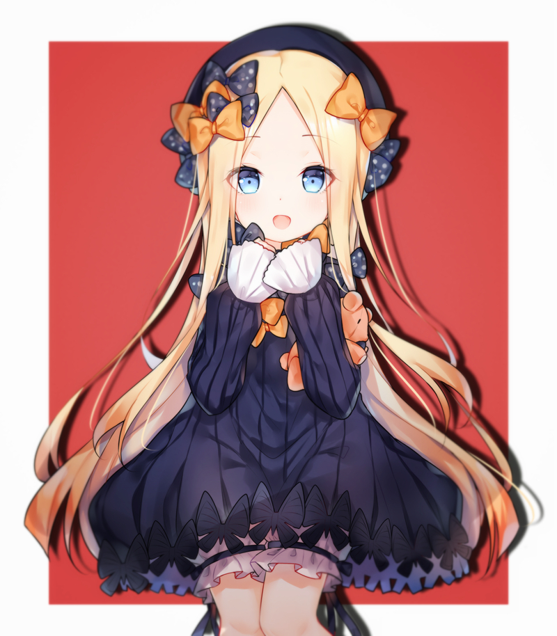 :d abigail_williams_(fate/grand_order) bangs black_bow black_dress black_hat blonde_hair bloomers blue_eyes blush bow bug butterfly commentary_request dress eyebrows_visible_through_hair fate/grand_order fate_(series) forehead hair_bow hands_up hat insect long_hair long_sleeves looking_at_viewer object_hug open_mouth orange_bow parted_bangs polka_dot polka_dot_bow red_background sleeves_past_wrists smile solo stuffed_animal stuffed_toy teddy_bear tengxiang_lingnai two-tone_background underwear very_long_hair white_background white_bloomers