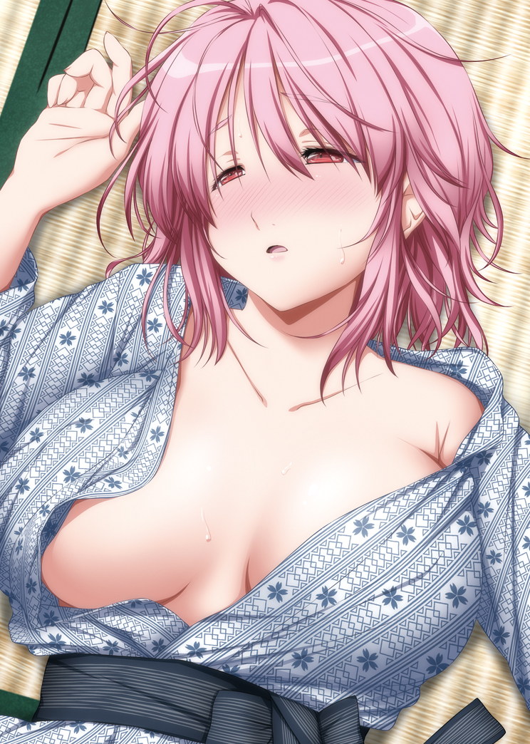 bath_yukata blush breasts breasts_apart collarbone commentary_request eyebrows_visible_through_hair from_above hair_between_eyes half-closed_eyes japanese_clothes kimono lying medium_hair nori_tamago nose_blush on_back on_floor open_clothes parted_lips pink_hair red_eyes saigyouji_yuyuko solo sweat tatami touhou underwear yukata