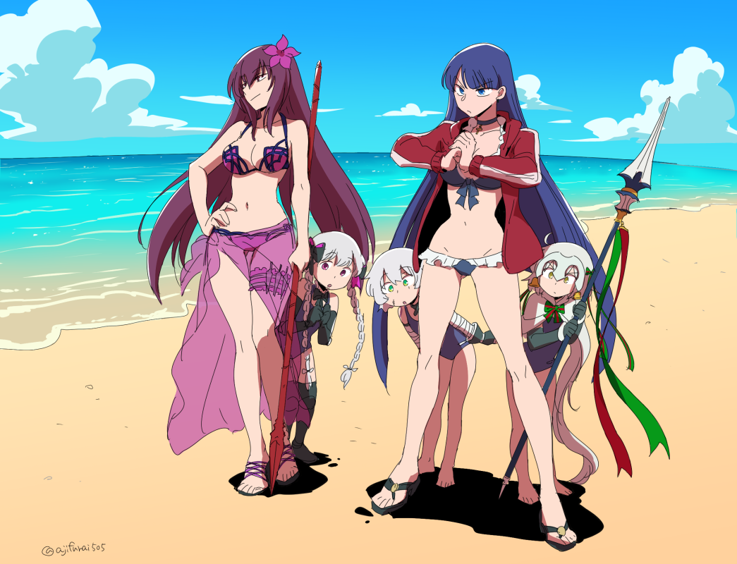 :o asaya_minoru bandaged_arm bandages bangs bare_arms bare_legs bare_shoulders barefoot beach bell bikini black_bikini black_bow black_footwear black_gloves black_legwear blue_eyes blue_hair blue_sky blue_swimsuit bow braid breasts brown_eyes capelet cleavage closed_mouth cloud cracking_knuckles day elbow_gloves eyebrows_visible_through_hair facial_scar fate/extra fate/grand_order fate_(series) fist_in_hand flower fur-trimmed_capelet fur_trim gloves green_bow green_eyes green_ribbon groin hair_between_eyes hair_bow hair_flower hair_ornament hand_on_hip hands_up head_tilt headpiece holding holding_lance holding_spear holding_weapon horizon jack_the_ripper_(fate/apocrypha) jacket jeanne_d'arc_(fate)_(all) jeanne_d'arc_alter_santa_lily lance long_hair long_legs long_sleeves low_twintails medium_breasts multiple_girls navel no_shoes nursery_rhyme_(fate/extra) ocean one-piece_swimsuit open_clothes open_jacket outdoors own_hands_together parted_lips peeking_out polearm purple_bikini purple_eyes purple_flower purple_hair red_jacket ribbon saint_martha saint_martha_(swimsuit_ruler)_(fate) sand sandals scar scar_across_eye scar_on_cheek scathach_(fate)_(all) scathach_(swimsuit_assassin)_(fate) school_swimsuit see-through short_hair shoulder_tattoo silver_hair single_glove sky smile spear standing striped striped_bow striped_ribbon swimsuit tattoo thighhighs track_jacket twin_braids twintails twitter_username v-shaped_eyebrows very_long_hair water weapon white_capelet