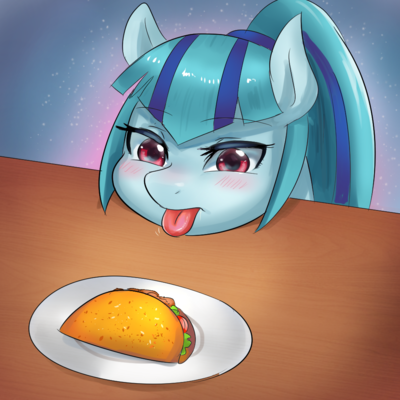 2018 blue_hair blush cute earth_pony equestria_girls equine eyebrows eyelashes female feral food hair horse low_res mammal multicolored_hair my_little_pony plate pony ponytail purple_eyes solo sonata_dusk_(eg) table taco tongue tongue_out two_tone_hair tzc