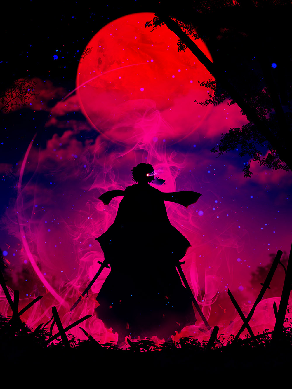 aura commentary_request dual_wielding fate/grand_order fate_(series) glowing glowing_eyes harada_miyuki highres holding holding_sword holding_weapon legs_apart looking_at_viewer male_focus moon official_art okada_izou_(fate) outdoors planted_sword planted_weapon purple_sky red_moon robe scarf silhouette solo standing sword weapon