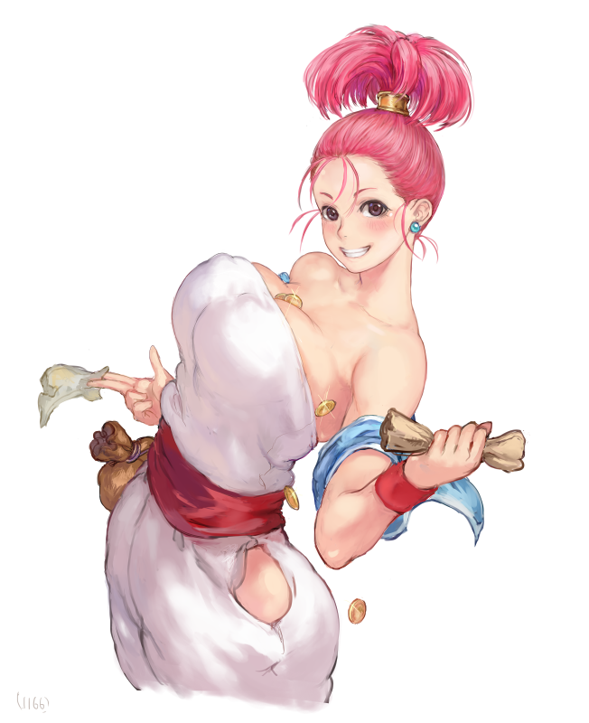 bare_shoulders between_breasts between_fingers blush bouncing_breasts breasts brown_eyes coin collarbone commentary_request cropped_legs dragon_quest dragon_quest_iii dress earrings grin hair_ornament holding holding_paper jewelry large_breasts looking_at_viewer looking_to_the_side merchant_(dq3) number paper pink_hair pouch sash short_hair shu-mai simple_background smile solo standing strapless strapless_dress topknot white_background white_dress wristband