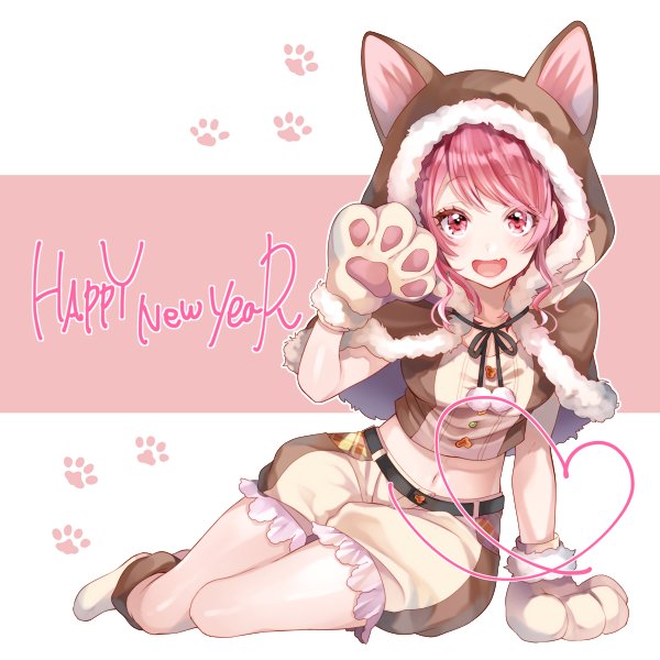:d animal_hood arm_support bang_dream! belt boots capelet chinese_zodiac crossed_arms dog_hood fur-trimmed_capelet fur_trim gloves hand_up happy_new_year heart hood hooded_capelet ito22oji looking_at_viewer maruyama_aya midriff navel new_year open_mouth paw_gloves paw_print paws pink_eyes pink_hair pom_pom_(clothes) shorts sitting smile solo year_of_the_dog