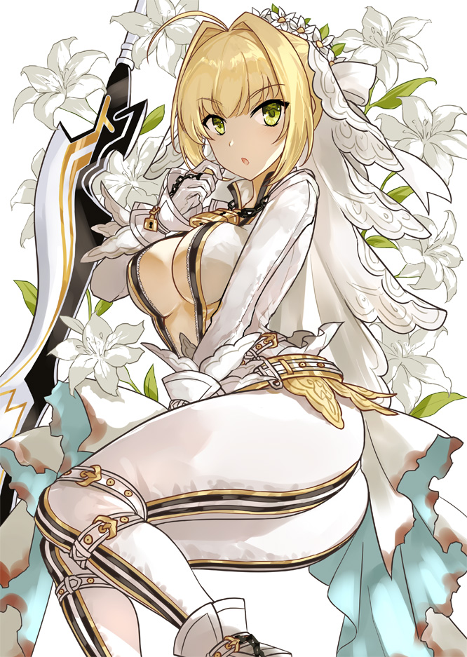 aestus_estus ahoge asle ass belt bodysuit breasts bridal_veil center_opening chain commentary_request eyebrows_visible_through_hair fate/extra fate/extra_ccc fate_(series) flower from_side full-length_zipper green_eyes hair_between_eyes hair_intakes head_wreath large_breasts leotard lily_(flower) lock loose_belt nero_claudius_(bride)_(fate) nero_claudius_(fate)_(all) open_mouth padlock showgirl_skirt sitting solo strapless strapless_leotard sword unzipped veil weapon white_bodysuit white_leotard wreath zipper zipper_pull_tab
