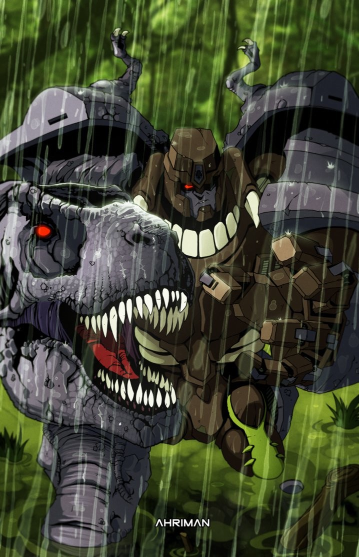 beast_wars claws commentary decepticon dirty english_commentary fake_screenshot fangs grass hand_mouth head insignia jaws mecha megatron_(beast_wars) predacon rain rainforest red_eyes robot science_fiction signature spikes swamp transformers tree tyrannosaurus_rex upper_body water wet