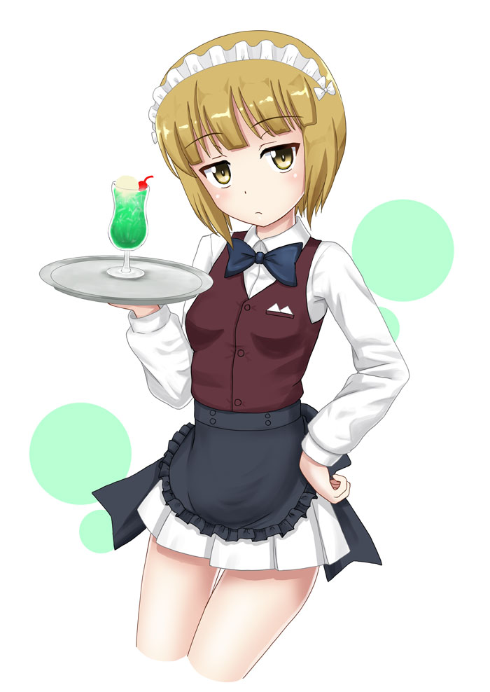 apron bangs bartender black_apron black_neckwear blonde_hair blunt_bangs bow bowtie brown_vest circle closed_mouth commentary cowboy_shot cropped_legs cutlass_(girls_und_panzer) dress_shirt dutch_angle eyebrows_visible_through_hair flipper food frilled_apron frills frown girls_und_panzer hand_on_hip handkerchief holding holding_tray ice_cream ice_cream_float leaning_forward long_sleeves looking_at_viewer maid_headdress miniskirt pleated_skirt school_uniform shirt short_hair simple_background skirt solo standing tray vest waist_apron white_background white_shirt white_skirt wing_collar yellow_eyes