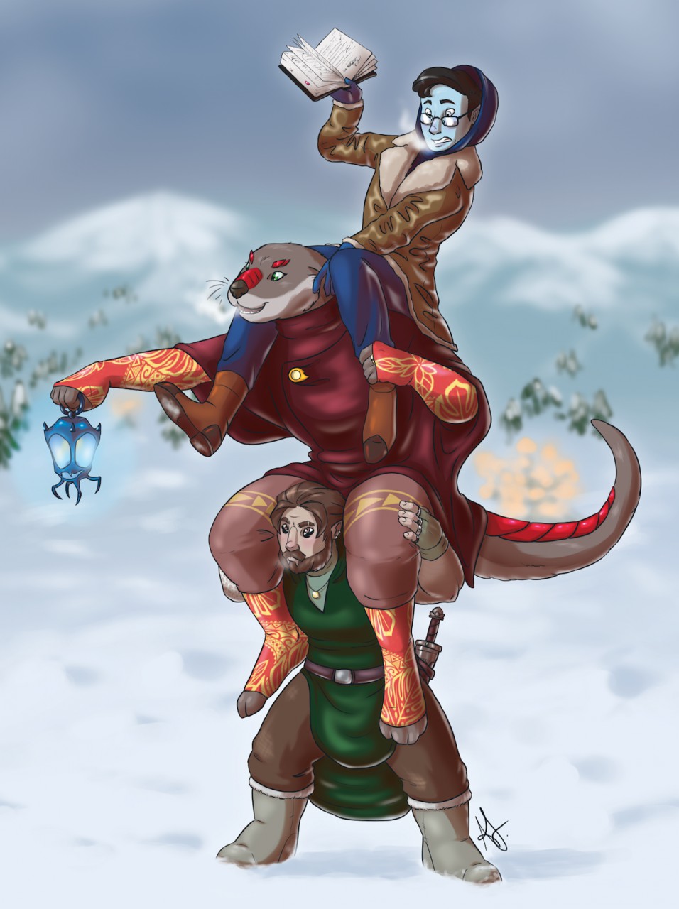 2018 anthro arm_warmers armwear beard black_hair blue_skin book brown_eyes brown_hair carrying cloak clothed clothing dragonborn dungeons_&amp;_dragons dwarf eyewear facial_hair fantasy felix female glasses green_eyes hair half_elf humanoid hybrid invalid_background kitterjitters lantern larger_female logan mammal melee_weapon muscular mustelid on_shoulders otter piercing piggyback red_scales scales size_difference smile snow soe sword weapon winter