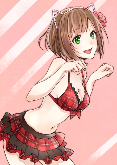 :d animal_ears breasts brown_hair cat_ears cleavage collarbone cowboy_shot eyebrows_visible_through_hair fake_animal_ears fang flower green_eyes hair_flower hair_ornament idolmaster idolmaster_cinderella_girls leaning_forward maekawa_miku medium_breasts midriff miniskirt navel open_mouth pink_background pink_flower red_bikini_top red_skirt short_hair sideboob skirt smile solo stomach striped striped_background yoma