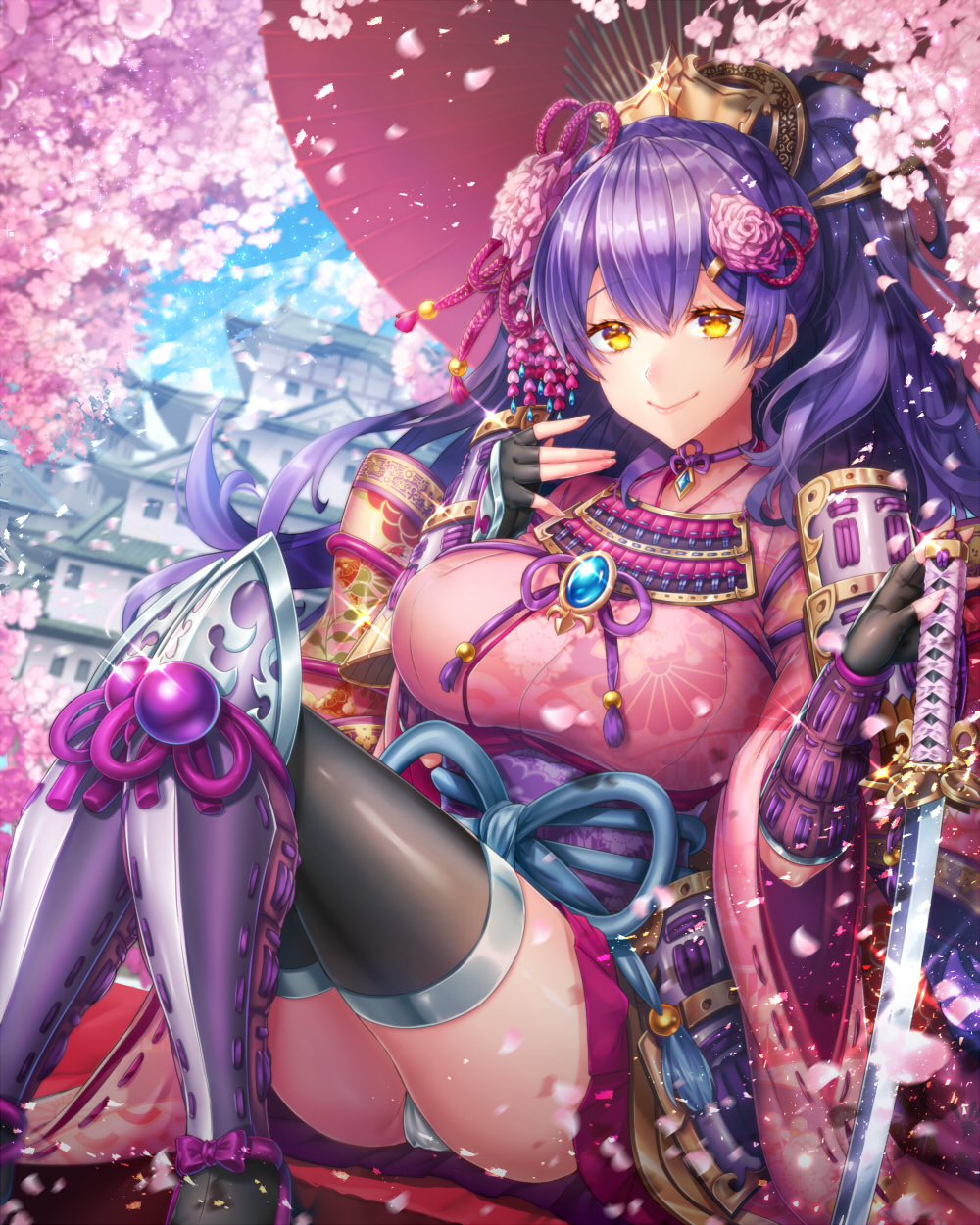 architecture black_gloves black_legwear blue_sky bracer breasts cherry_blossoms day east_asian_architecture fingerless_gloves floral_print flower glint gloves greaves hair_flower hair_ornament hairclip hand_up highres kamuinii katana knees_together_feet_apart large_breasts long_hair original outdoors panties pantyshot pantyshot_(sitting) petals pink_skirt planted_weapon purple_hair sitting skirt sky solo sword thighhighs underwear very_long_hair weapon yellow_eyes
