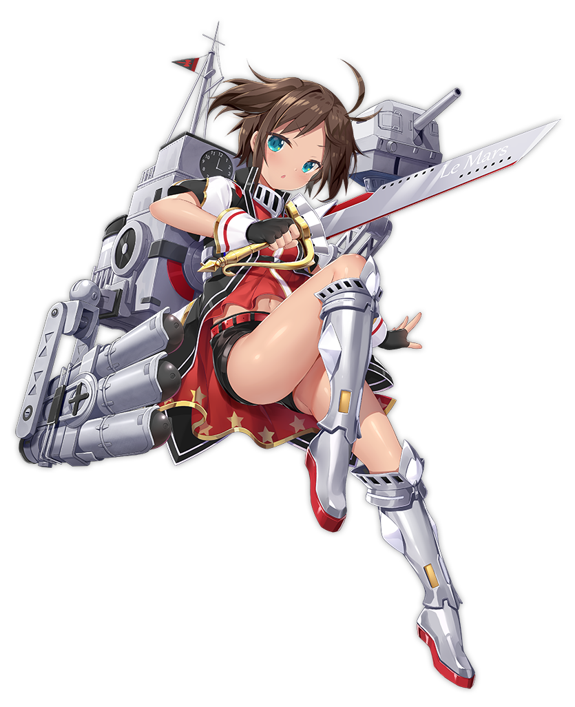 ahoge azur_lane black_gloves blush brown_hair cannon fingerless_gloves full_body gloves green_eyes holding holding_sword holding_weapon le_mars_(azur_lane) looking_at_viewer machinery navel official_art rigging short_hair solo sword thighhighs thighs torpedo transparent_background turret weapon yano_mitsuki